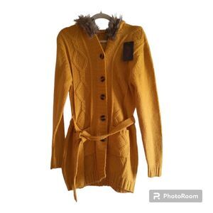 Kian D Belted Knit Cardigan Sweater with Faux Fur Edged Hood